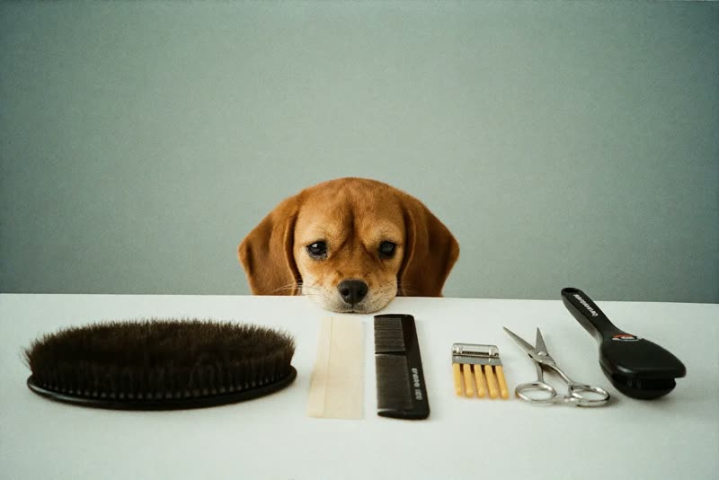 Grooming brushes, a comb and clippers laid out