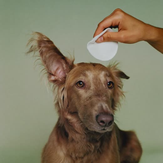 A dog having its ears cleaned